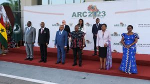 Ghana's president, Nana Akufo-Addo poses for a group photo with African leaders during the opening event of the African Union's conference on reparations in Accra, Ghana November 14, 2023.