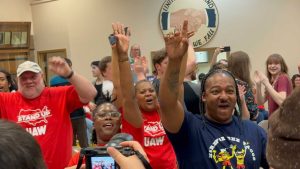 Victory celebration photo after Volkswagen workers in Chattanooga, TN successfully voted to unionize on April 19, 2024