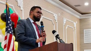 Guyana President Mohamed Irfaan Ali addresses nationals at a diaspora town hall meeting at the Hotel Liberty Inn & Suites in Queens.