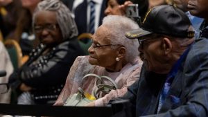 Survivors and siblings Viola Fletcher and Hughes Van Ellis listen as U.S. President Joe Biden delivers remarks on the centennial anniversary of the Tulsa race massacre during a visit to the Greenwood Cultural Center in Tulsa, Oklahoma, U.S., June 1, 2021.