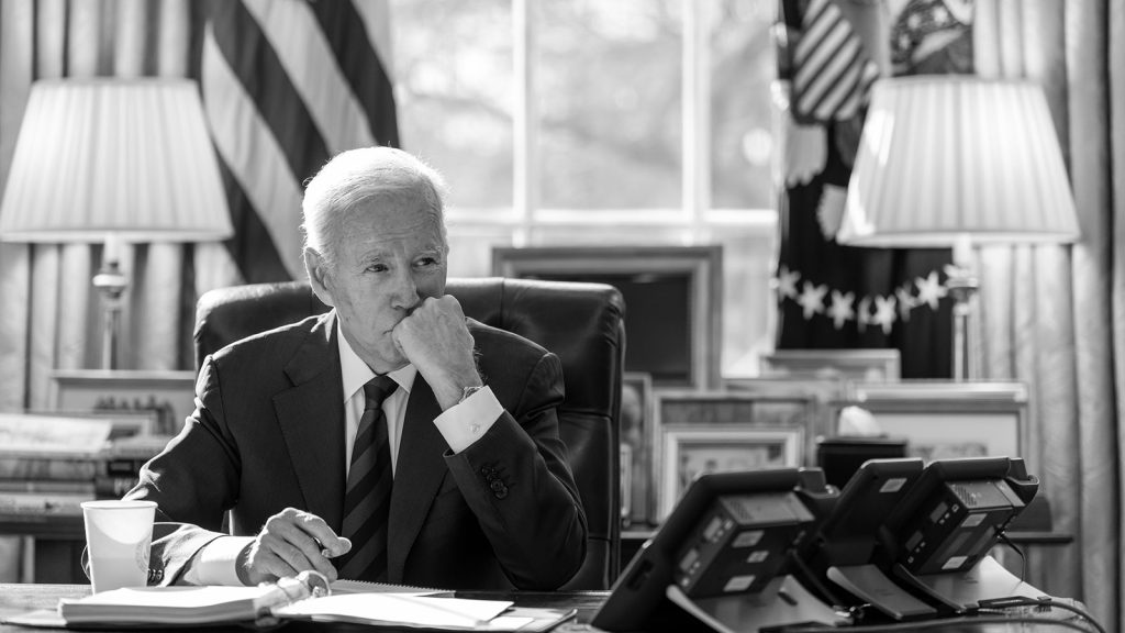 President Joe Biden discusses recent incidents involving objects in the sky with senior advisers, Monday, February 13, 2023, in the Oval Office.