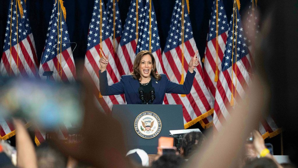 Vice President Kamala Harris campaigns for president at an event at a Wisconsin high school on July 23, 2024.