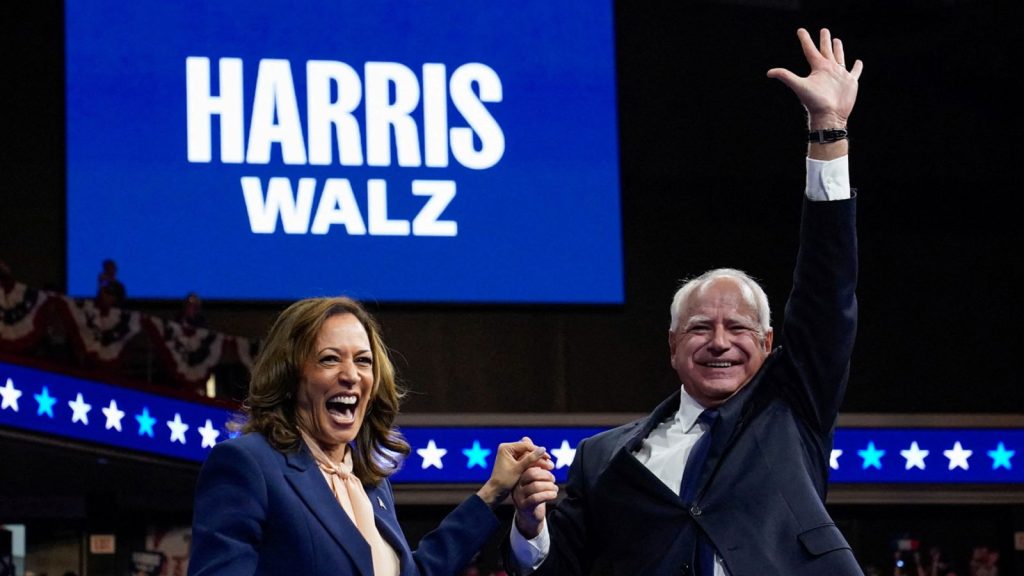 Kamala Harris and Tim Walz at their first rally together as they begin their campaign for the presidential election in November