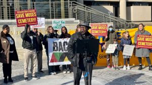 Pastor Olusegun Adebayo, of the Macedonia Baptist Church in Bethesda, speaks at a news conference outside the Maryland Supreme Court on Jan. 8, 2023. Madeleine O’Neill/The Daily Record.