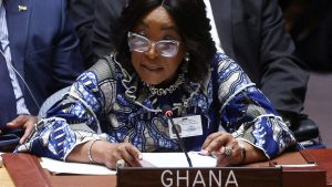 Ghana's Minister for Foreign Affairs Shirley Ayorkor Botchwey speaks during a high level meeting of the United Nations Security Council on the situation amid Russia's invasion of Ukraine, at the 77th Session of the United Nations General Assembly at U.N. Headquarters in New York City, U.S., September 22, 2022