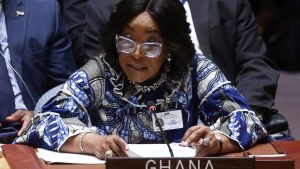 Ghana's Minister for Foreign Affairs Shirley Ayorkor Botchwey speaks during a high level meeting of the United Nations Security Council on the situation amid Russia's invasion of Ukraine, at the 77th Session of the United Nations General Assembly at U.N. Headquarters in New York City, U.S., September 22, 2022