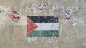 Palestinian flag surrounded by peace doves