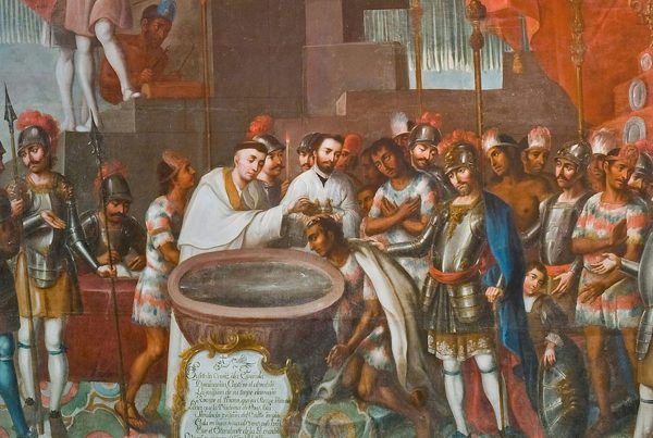 Part of ‘The Baptism of Ixtlilxóchitl of Texcoco,’ painted by José Vivar y Valderrama in the 18th century. Museo Nacional de Historia via Wikimedia Commons