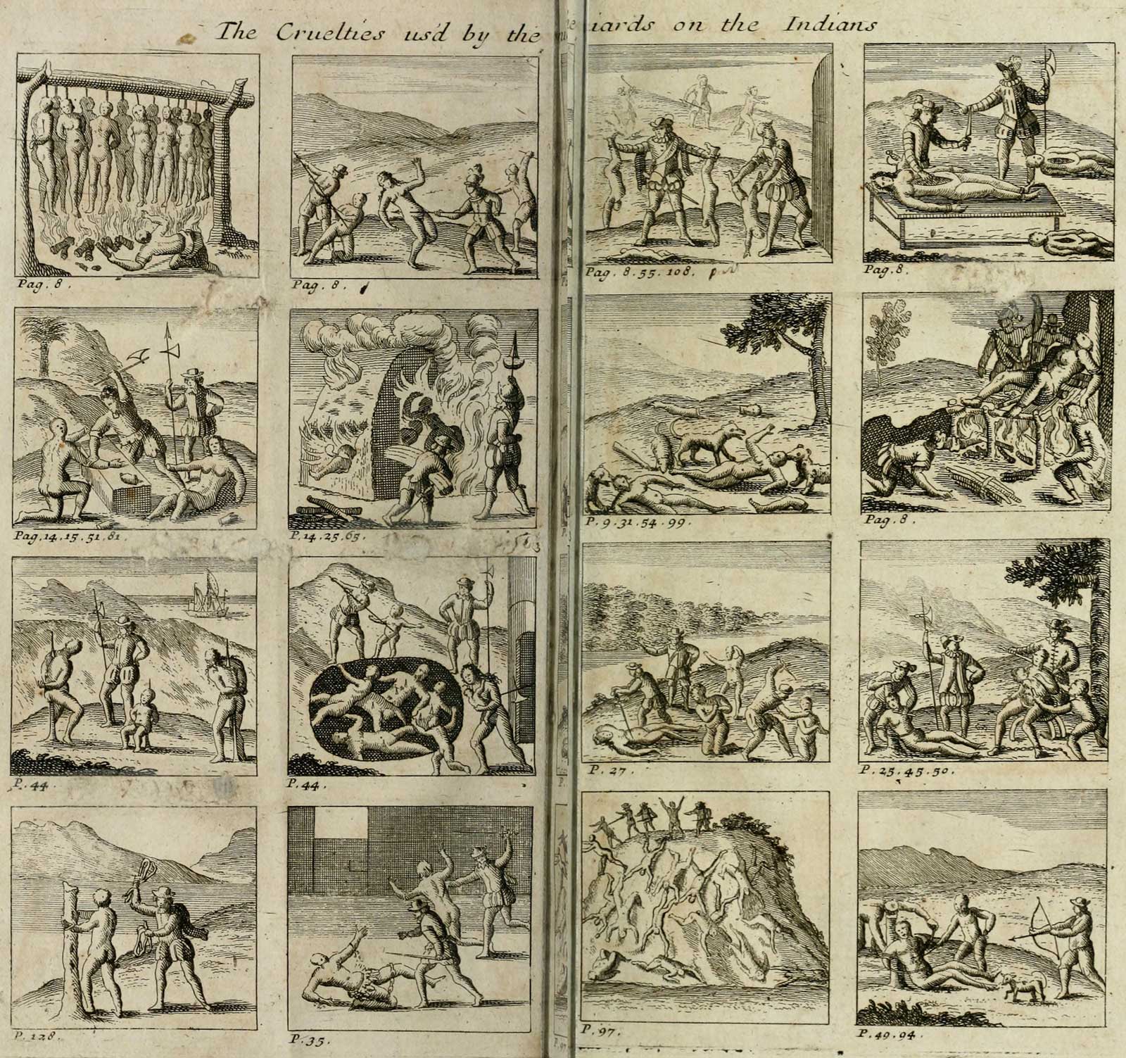 Illustrations from a book written by Bartolomé de las Casas depicting Spanish torture of Indigenous peoples in the Americas. Wikimedia Commons