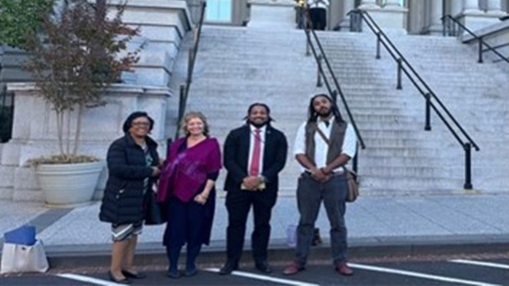 Organizers & Facilitators Organize Peace Circle at Old Executive Office Building for DC and Maryland High School Students with Greg Jackson, Deputy Director, White House Office of Gun Violence Prevention. (Left to Right) Organizers/Facilitators of Peace Circle: Dr. Stephanie Myers, National Co-Chair, Black Women for Positive Change, Debra Budiani-Saberi, Peace Circle Facilitator; Greg Jackson, deputy director, White House office of Gun Violence Prevention and Jamal Jones, Peace Circle Facilitator.