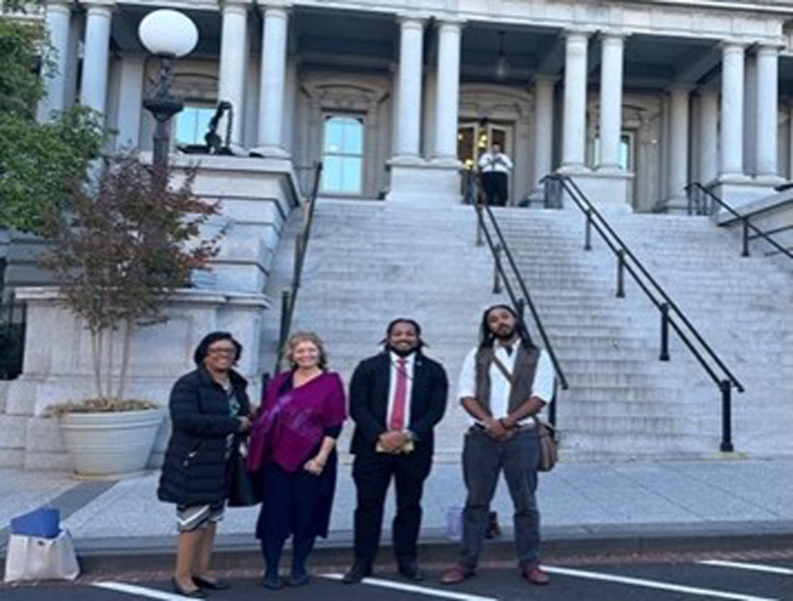 Organizers & Facilitators Organize Peace Circle at Old Executive Office Building for DC and Maryland High School Students with Greg Jackson, Deputy Director, White House Office of Gun Violence Prevention. (Left to Right) Organizers/Facilitators of Peace Circle: Dr. Stephanie Myers, National Co-Chair, Black Women for Positive Change, Debra Budiani-Saberi, Peace Circle Facilitator; Greg Jackson, deputy director, White House office of Gun Violence Prevention and Jamal Jones, Peace Circle Facilitator.