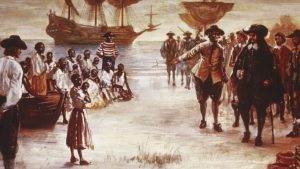 Dutch slave ship with a group of African slaves for sale Jamestown Va. 1619