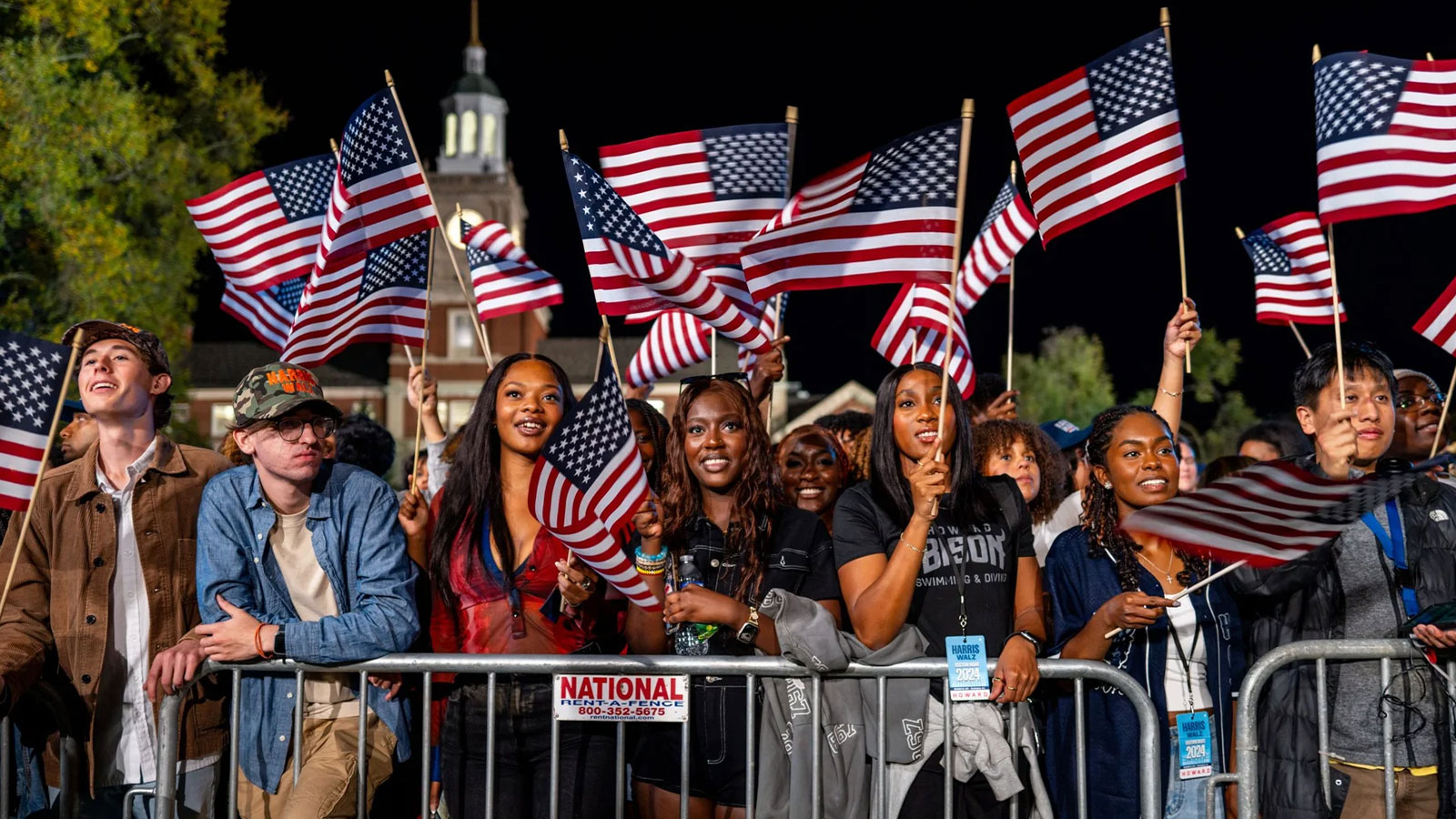 WASHINGTON, DC – NOVEMBER 05: Supporters wave flags during an election night event held by Democratic presidential nominee, U.S. Vice President Kamala Harris at Howard University on November 05, 2024 in Washington, DC. Americans cast their ballots today in the presidential race between Republican nominee former President Donald Trump and Vice President Kamala Harris, as well as multiple state elections that will determine the balance of power in Congress. 