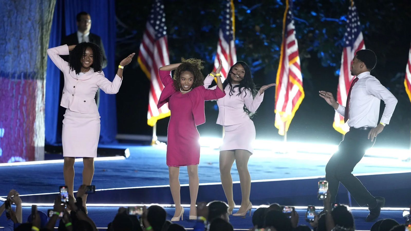 WASHINGTON, DC – NOVEMBER 05: Members of Howard University’s sororities and fraternities dance on stage during an election night event for Democratic presidential nominee, U.S. Vice President Kamala Harris at Howard University on November 05, 2024 in Washington, DC. Americans cast their ballots today in the presidential race between Republican nominee former President Donald Trump and Vice President Kamala Harris, as well as multiple state elections that will determine the balance of power in Congress. 