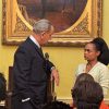 Eartha Kitt confronts President Lyndon B. Johnson at a luncheon at the White House on Jan. 18, 1968.