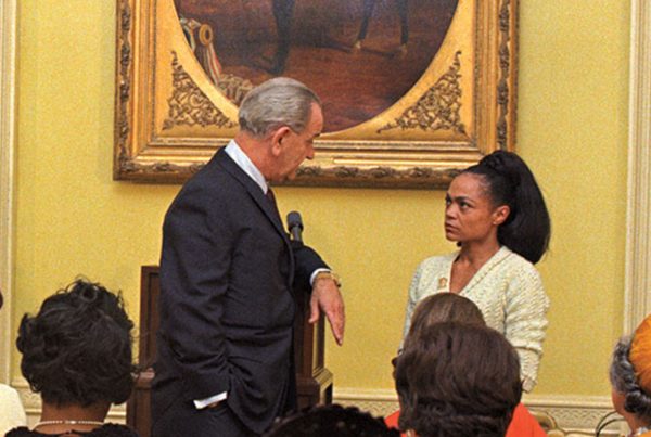 Eartha Kitt confronts President Lyndon B. Johnson at a luncheon at the White House on Jan. 18, 1968.