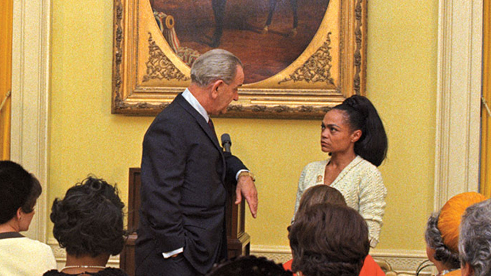 Eartha Kitt confronts President Lyndon B. Johnson at a luncheon at the White House on Jan. 18, 1968.