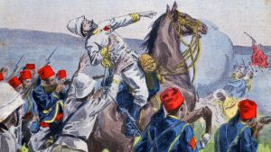 A picture depicting the death of a French military officer surrounded by Senegalese tirailleurs in the battle of Kousséri in 1900. Photograph: World History Archive/Alamy