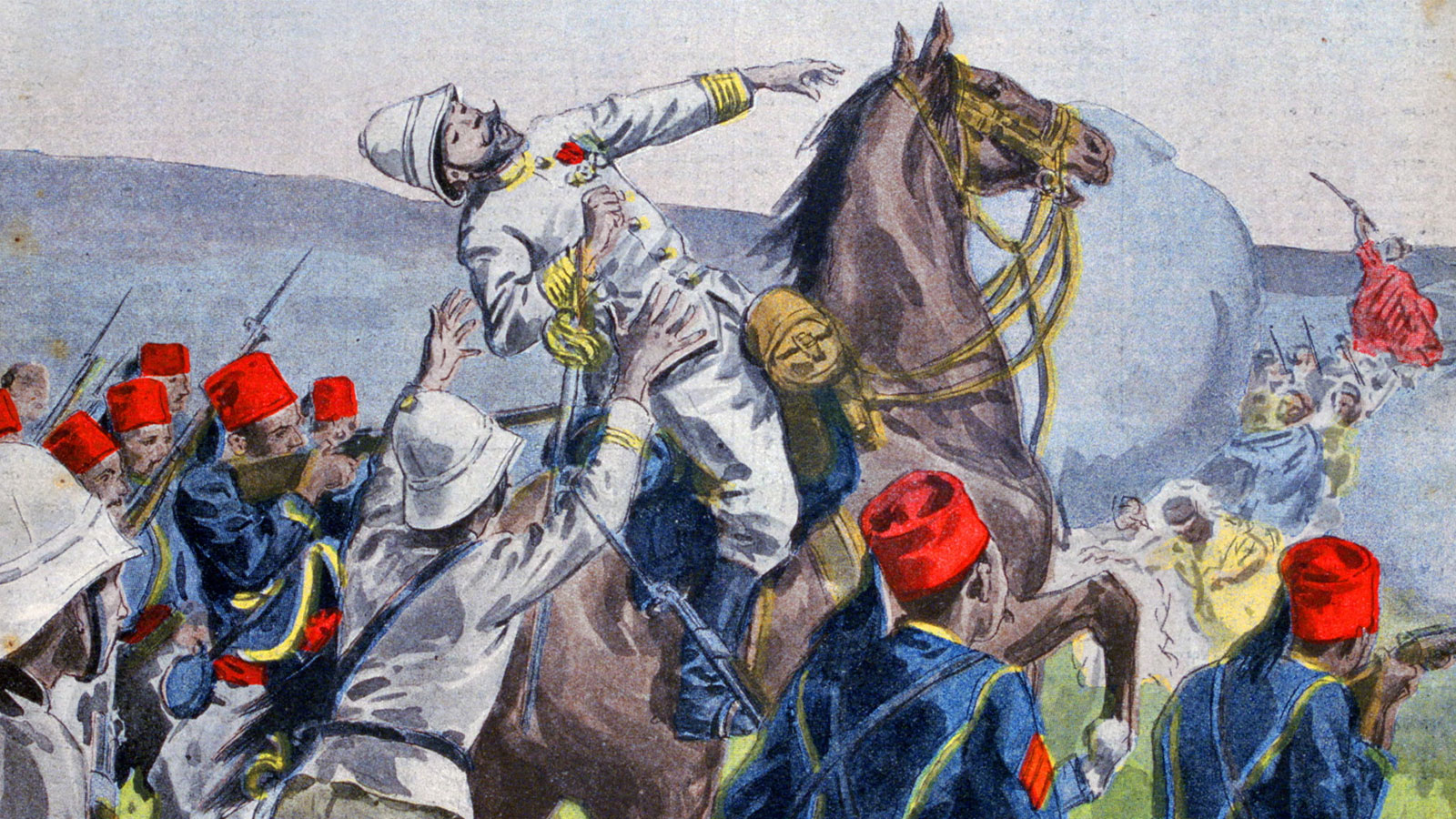 A picture depicting the death of a French military officer surrounded by Senegalese tirailleurs in the battle of Kousséri in 1900.