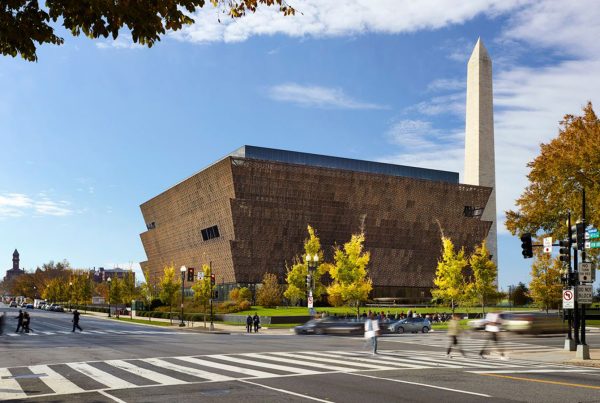 Exterior view of the Smithsonian’s National Museum of African American History and Culture in Washington, D.C., from Constitution Avenue.