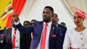 Bobi Wine, of the National Unity Platform party, and his wife, Barbara Itungo Kyagulanyi, attend a ceremony for his nomination as a presidential candidate at the Electoral Commission offices in Kampala, Uganda, on September 24, 2025