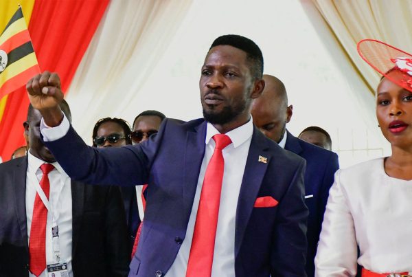 Bobi Wine, of the National Unity Platform party, and his wife, Barbara Itungo Kyagulanyi, attend a ceremony for his nomination as a presidential candidate at the Electoral Commission offices in Kampala, Uganda, on September 24, 2025