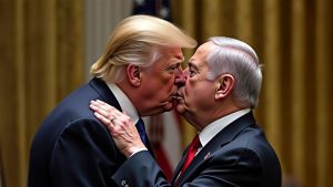 AI-generated image: Donald Trump Kissing Benjamin Netanyahu