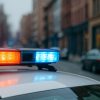 Police patrol car lights on a calm city street, symbolizing community safety.