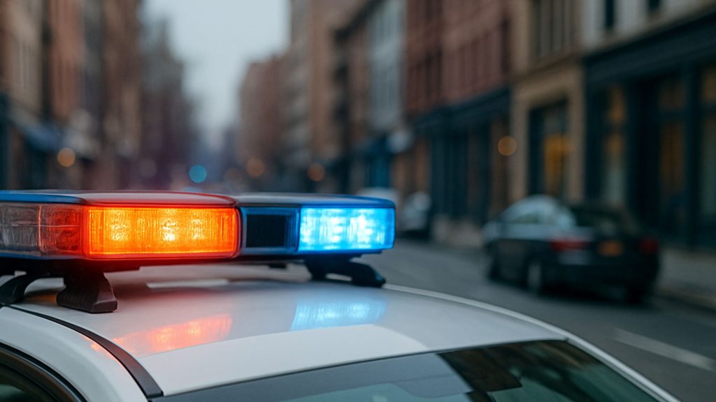 Police patrol car lights on a calm city street, symbolizing community safety.