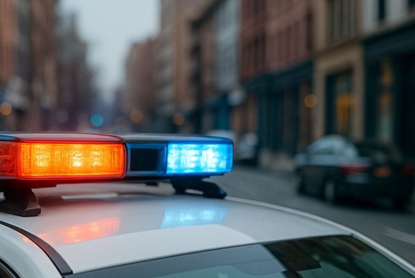 Police patrol car lights on a calm city street, symbolizing community safety.