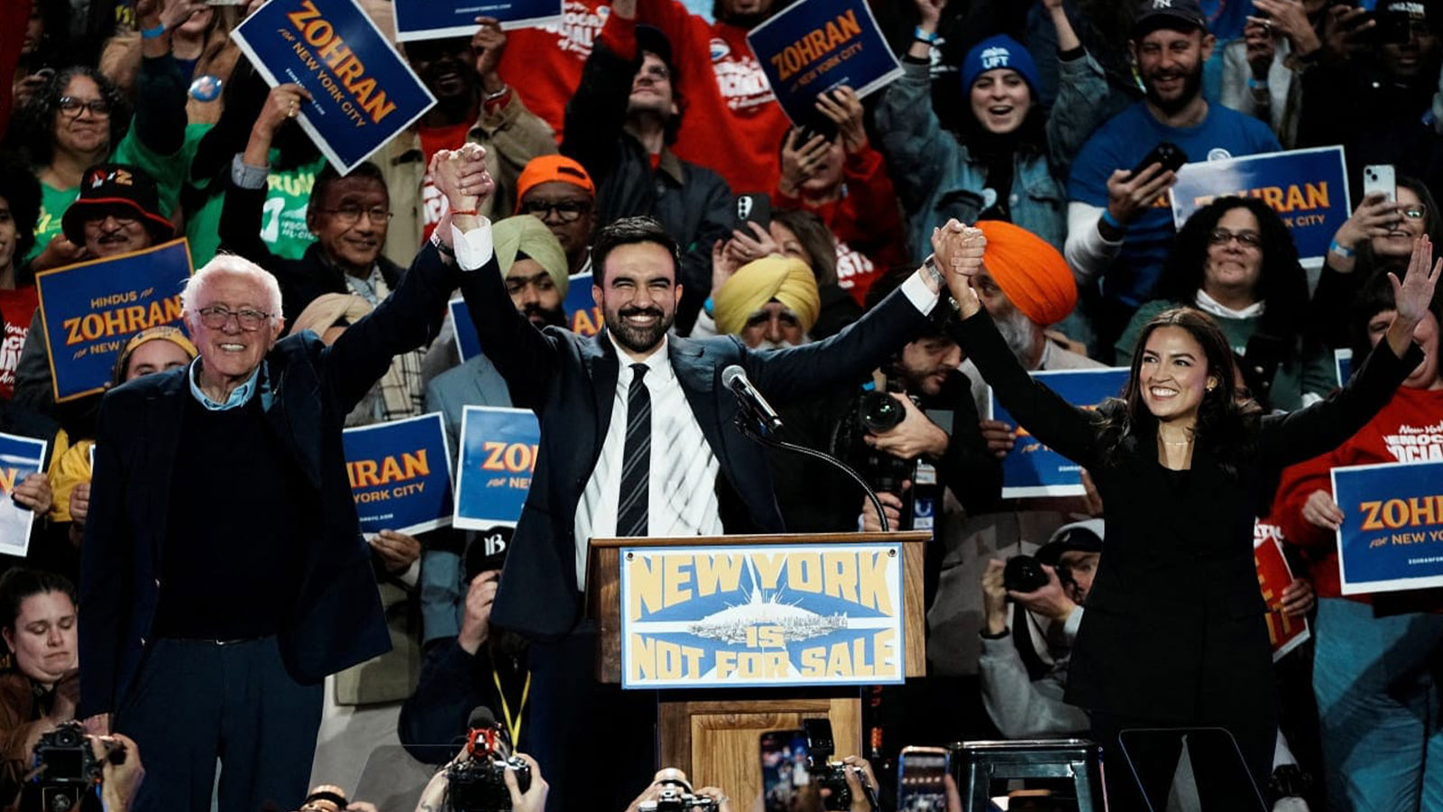 From left, Sen. Bernie Sanders, New York City mayoral candidate Zohran Mamdani, and Rep. Alexandria Ocasio-Cortez, at a rally in New York.