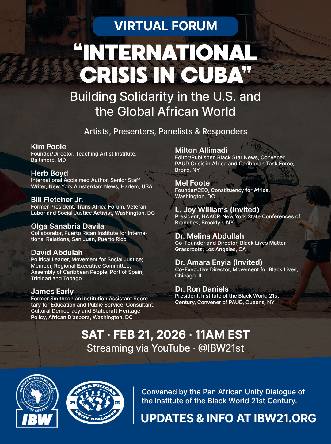 Flyer for the virtual forum “International Crisis in Cuba,” with event details and a contemporary street scene in Cuba.