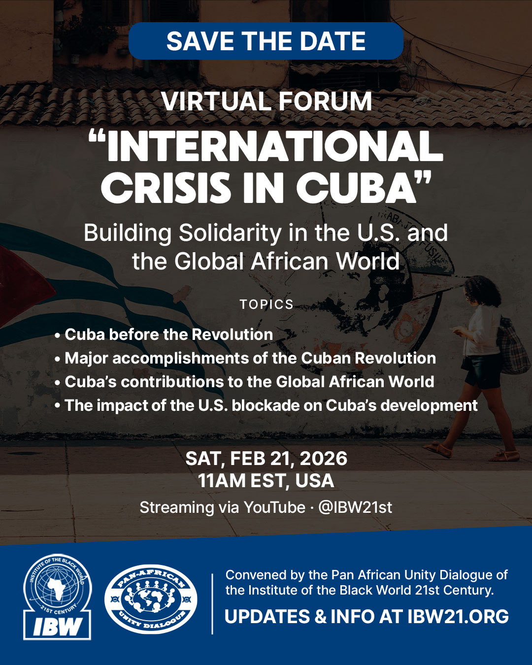 Save-the-date flyer for the virtual forum “International Crisis in Cuba,” with event details and a contemporary street scene in Cuba.