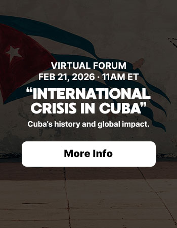 Promotional sidebar graphic for the virtual forum “International Crisis in Cuba” with a Cuban flag mural background.