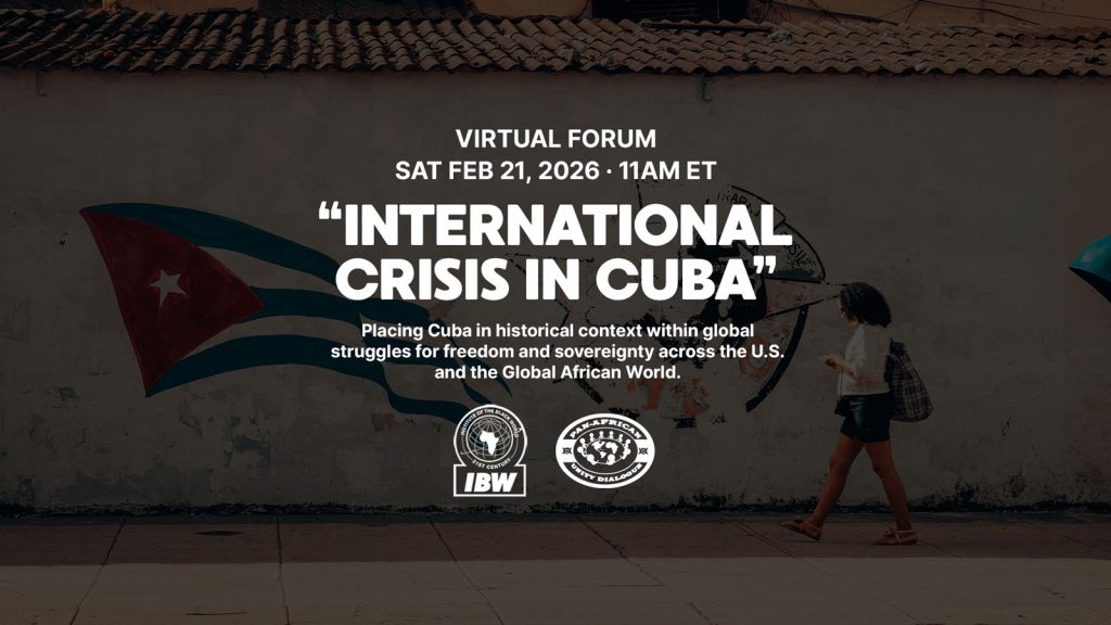 Promotional image for the virtual forum “International Crisis in Cuba,” scheduled for February 21, 2026 at 11 AM ET.