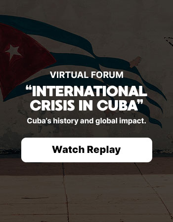 Promotional sidebar graphic for the virtual forum “International Crisis in Cuba” with a Cuban flag mural background.