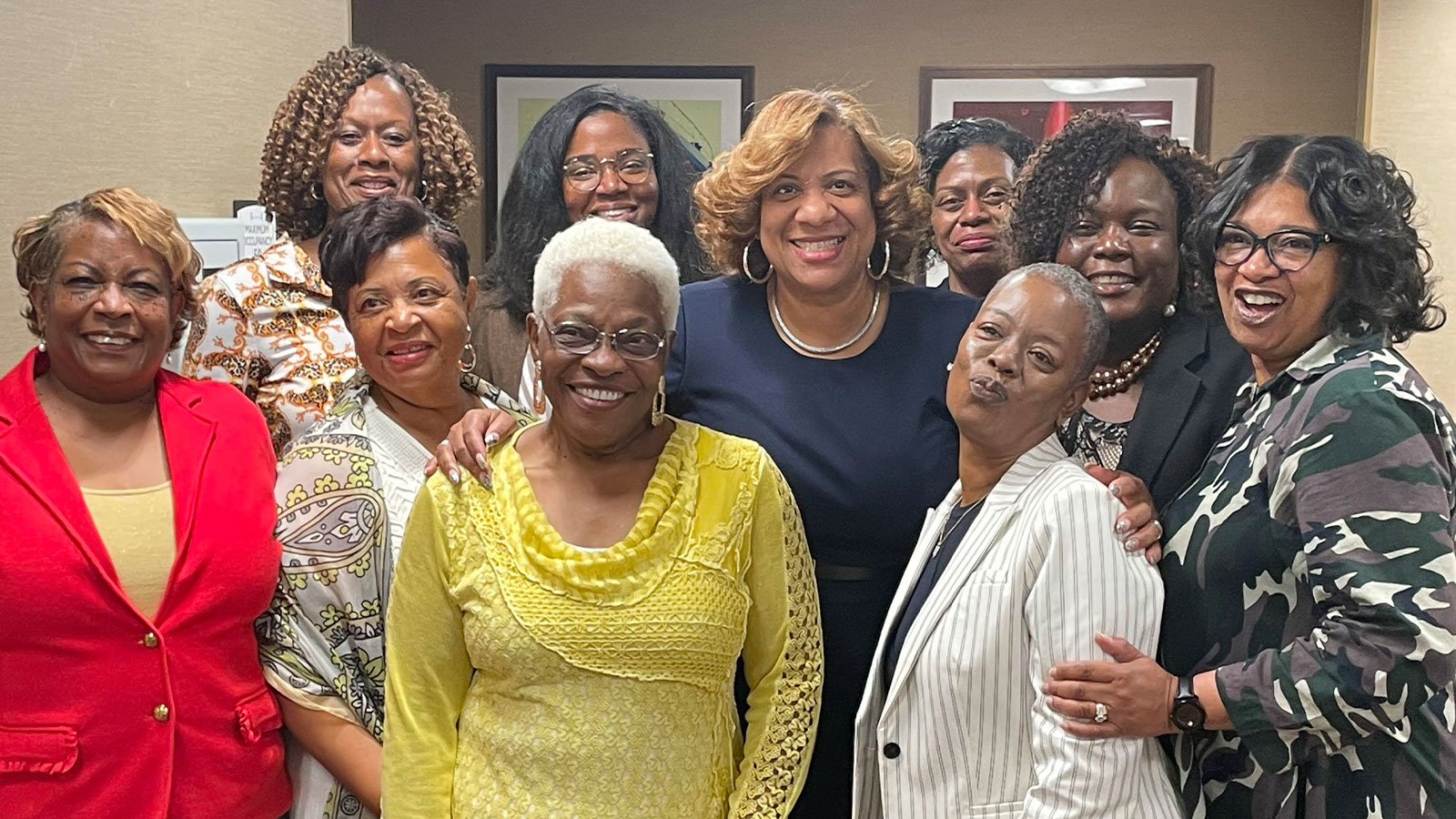 Image caption: Mayor Shawyn Patterson-Howard of Mount Vernon, NY (center back) joins task force members including Terri McGee National Association of Blacks in Criminal Justice, Former President (far left), and fellow advocates from other leadership organizations during a past convening. This International gathering exemplifies the cross-sector collaboration of Black women leaders focused on creating safer and more just communities; Reimagining Public Safety and Law Enforcement Convening 2022.