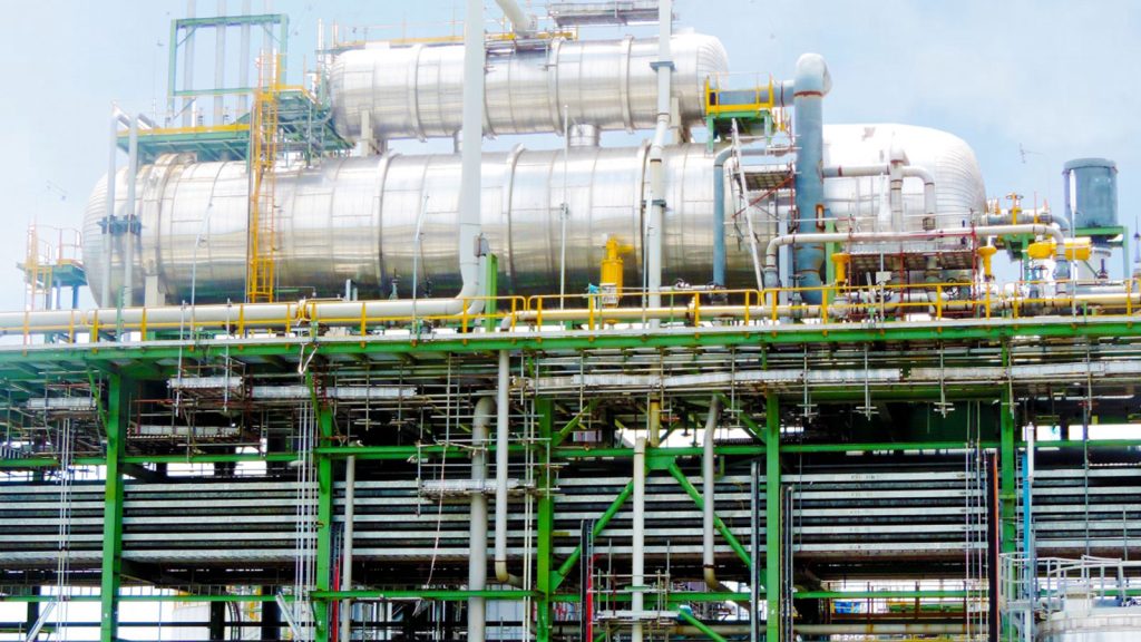 Industrial infrastructure at a petroleum refinery.
