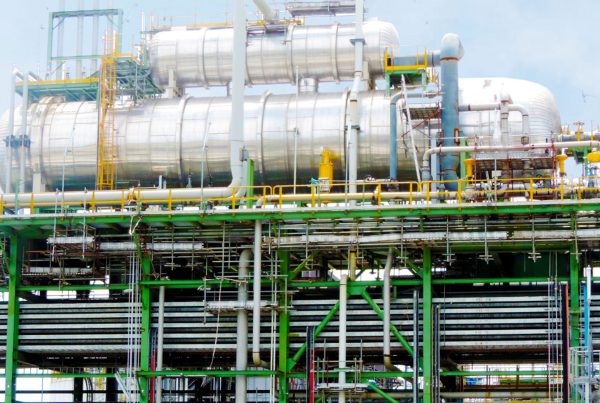 Industrial infrastructure at a petroleum refinery.