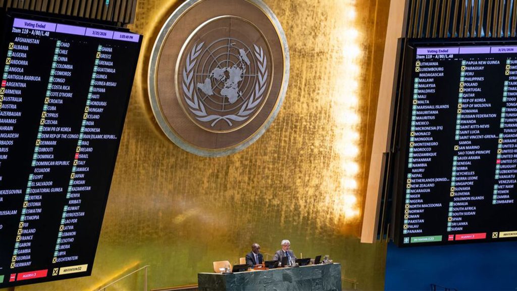 United Nations General Assembly vote on resolution addressing the transatlantic slave trade.