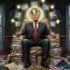 Illustration of Donald Trump seated on a throne of documents and executive orders with television screens behind him.