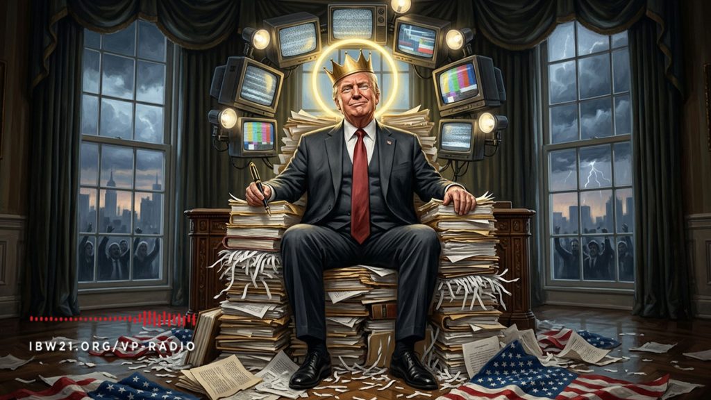 Illustration of Donald Trump seated on a throne of documents and executive orders with television screens behind him.