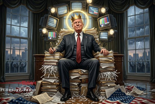 Illustration of Donald Trump seated on a throne of documents and executive orders with television screens behind him.