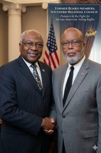 U.S. Congressmen James Clyburn and Bennie Thompson. Prior to their distinguished legislative careers, both men served as pioneering Board members of the historic Southern Regional Council (SRC), where they were instrumental in devising and executing foundational strategies in the struggle for African American voting rights. Their enduring partnership represents the structural bulwark against modern efforts to dilute Black political power across the South.
