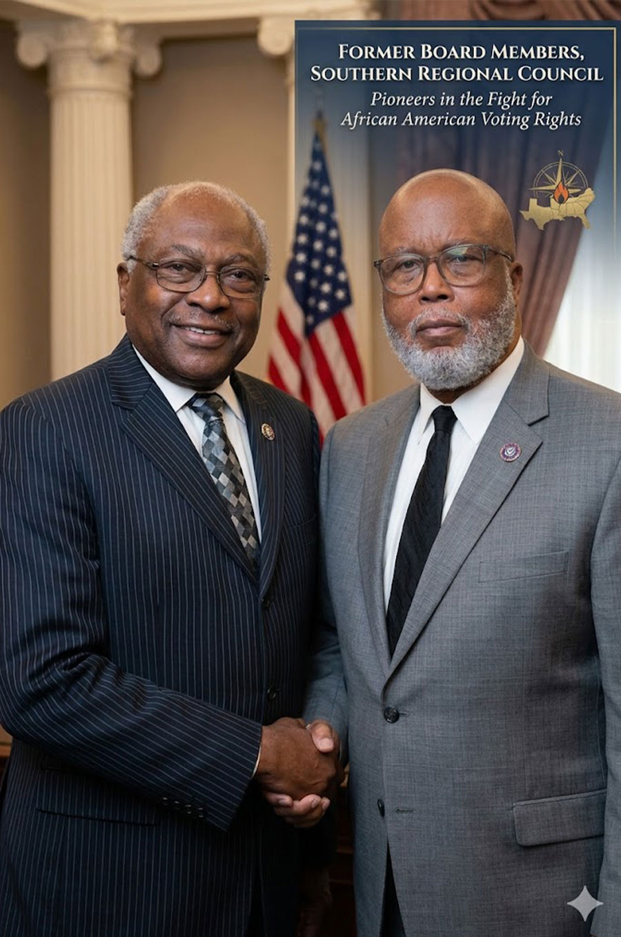 U.S. Congressmen James Clyburn and Bennie Thompson. Prior to their distinguished legislative careers, both men served as pioneering Board members of the historic Southern Regional Council (SRC), where they were instrumental in devising and executing foundational strategies in the struggle for African American voting rights. Their enduring partnership represents the structural bulwark against modern efforts to dilute Black political power across the South.