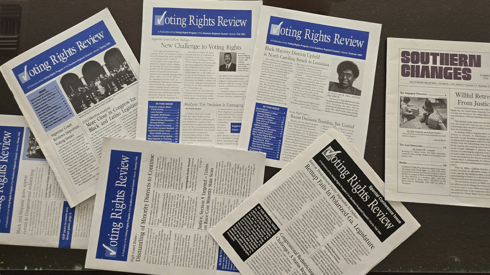 A collection of Voting Rights Review and Southern Changes archival issues published by the Southern Regional Council throughout the 1990s. These editions first documented the historic growth and expansion of Black political representation across the South, before tracking the subsequent mid-decade legal and legislative challenges engineered to dismantle those gains following the Shaw v. Reno and Miller v. Johnson Supreme Court decisions.