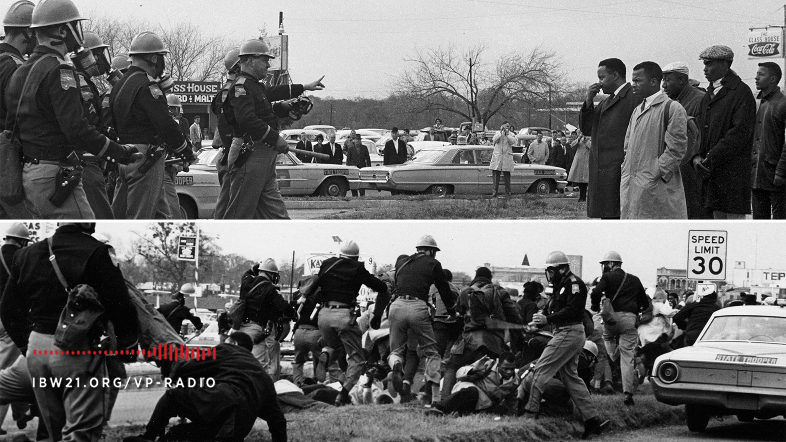 Vantage Point: Selma, Alabama — “Two Minute Warning” (top) and the assault on John Lewis (bottom), March 7, 1965. Photographs by Spider Martin. Public domain via Wikimedia Commons.