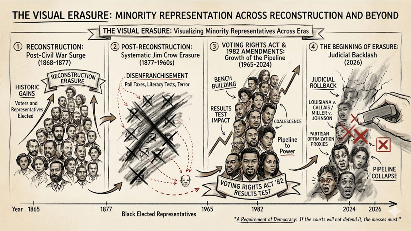 Erasure Graphic—The historical documentation and images featured in this analysis are drawn from the archives of the Southern Regional Council's (SRC) Voting Rights Programs, which was historically led by the author during the redistricting battles of the 1990s.