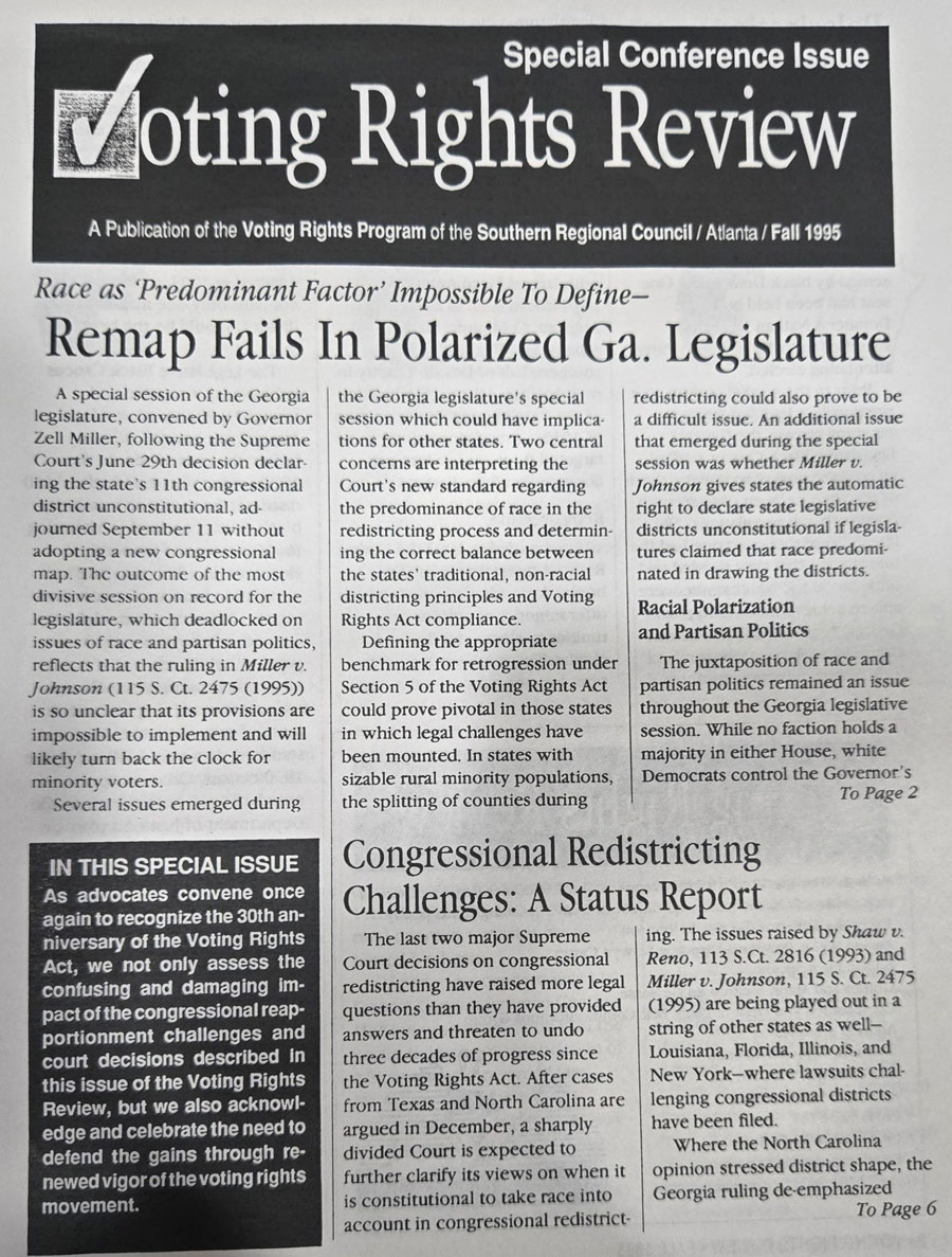 The front page of the Fall 1995 Voting Rights Review Special Conference Issue, reporting on the deadlock of the special session of the Georgia Legislature following the Miller v. Johnson ruling—a direct historical parallel to the contemporary redistricting crises unfolding today.