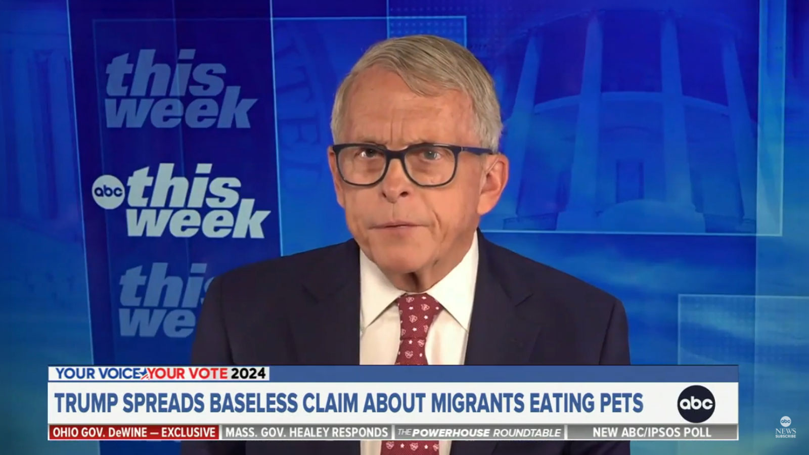 Ohio Gov. Mike DeWine discusses false claims targeting Haitian immigrants during an interview on ABC's This Week. Screenshot: ABC News.